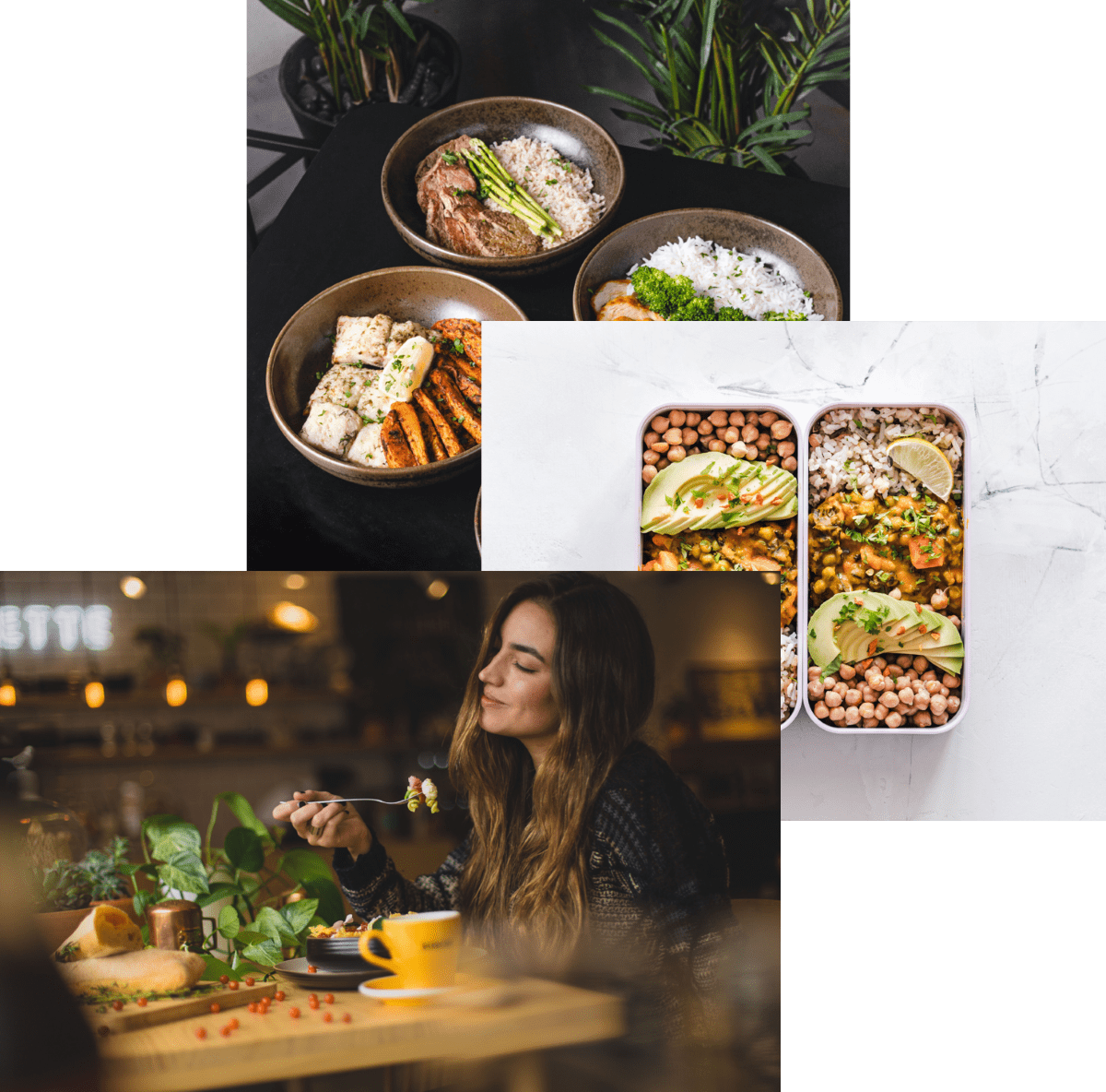 A Woman enjoying food, meals in storage container, and food bowls on a table